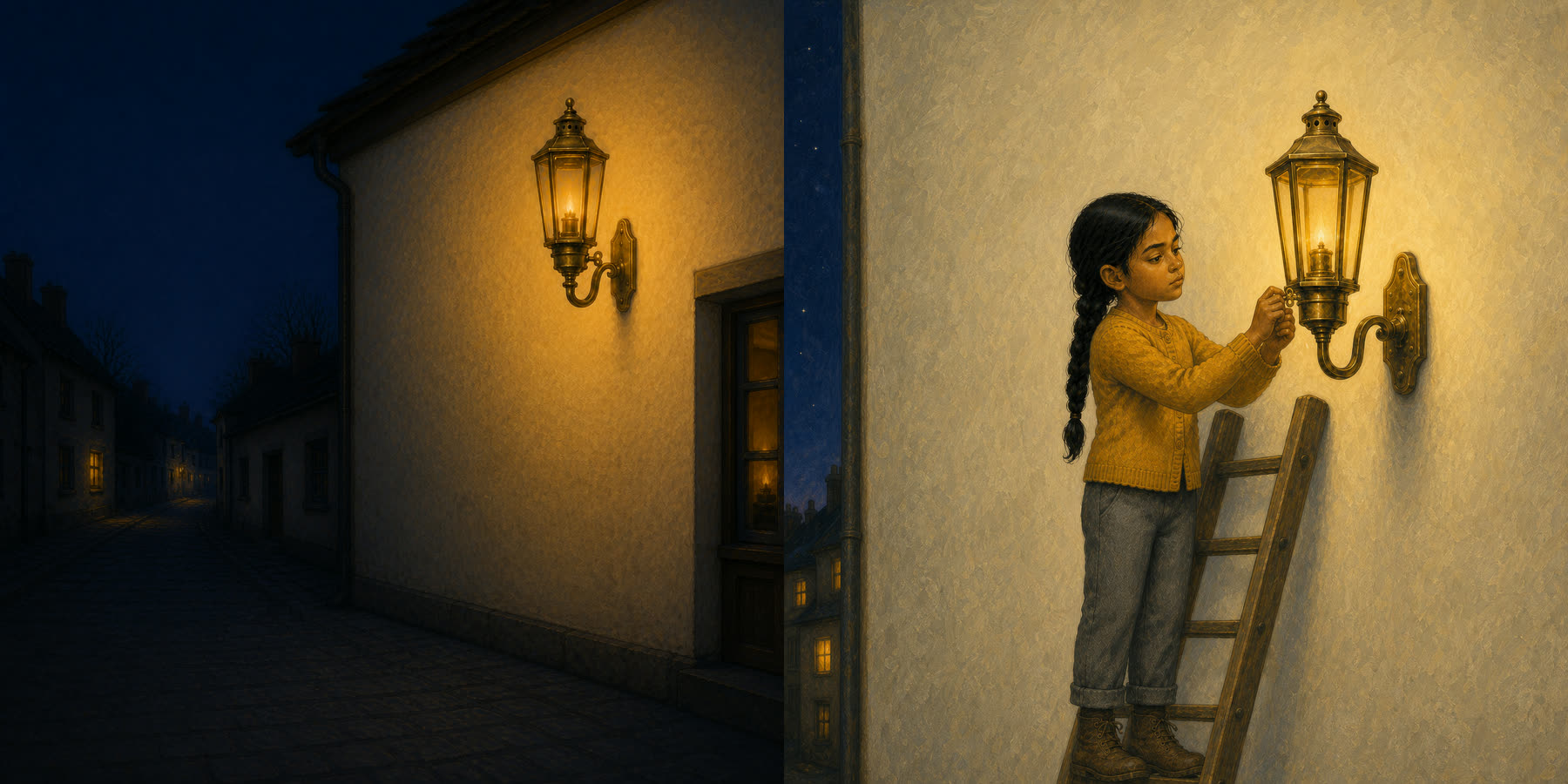 Two facing pages: Mira winding the lantern key at dusk.